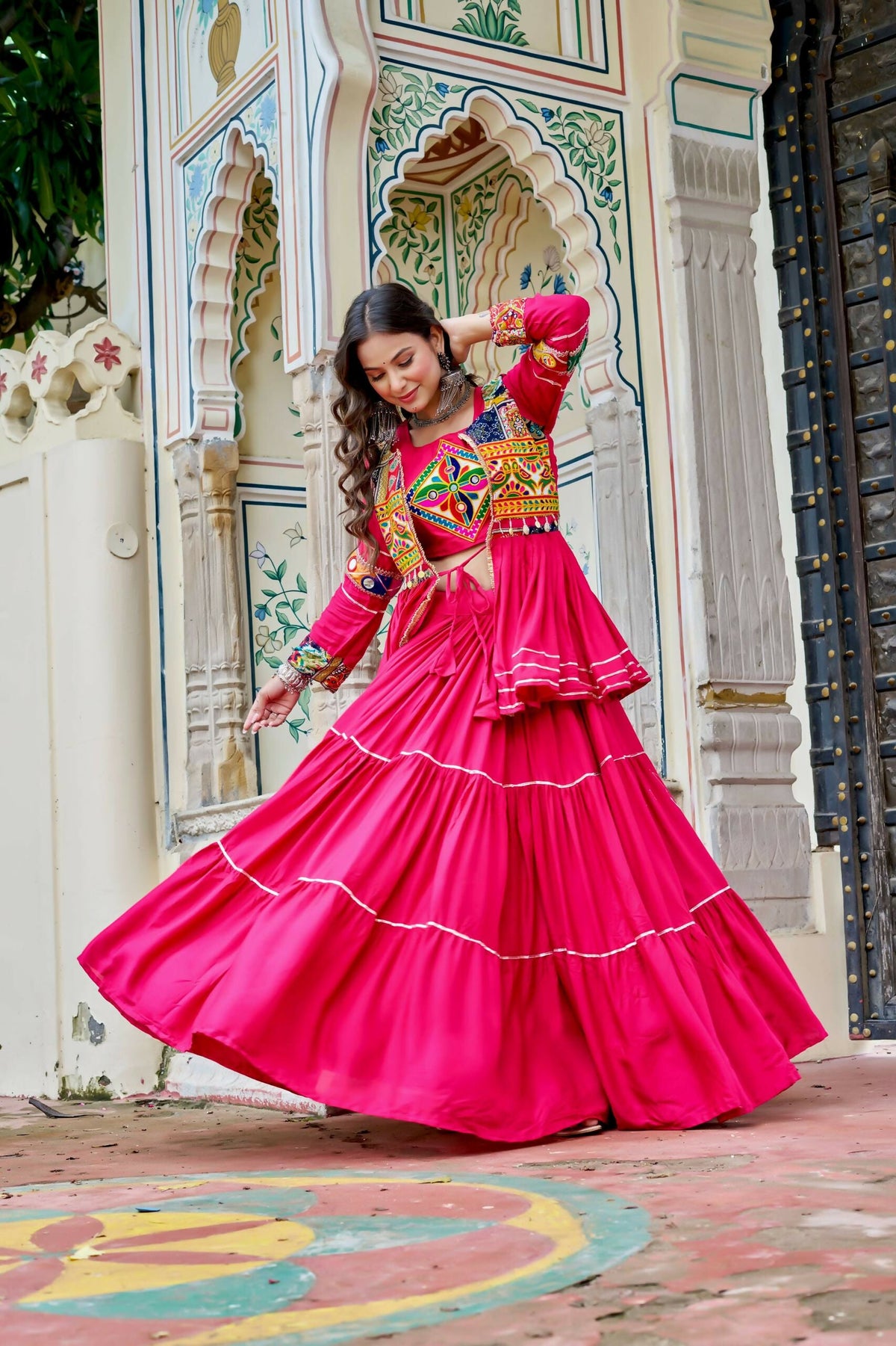Teeya Creation Womens New Stylish Heavy Gamthi Work With Mirror Lace Work Pink Gown Set | Grocsy