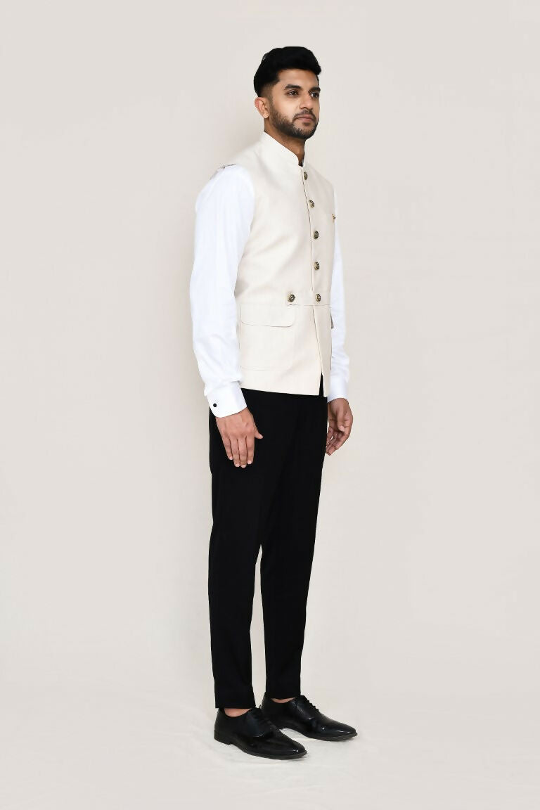 Joban Fashion Cream Colored Cotton Satin Work Men's Jacket | Grocsy