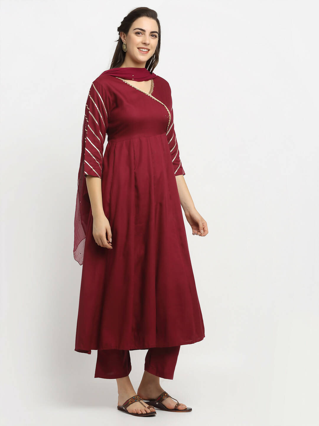 Rudra Bazaar Wine Angrakha Style Flared Anarkali Kurta with Pyjamas & Dupatta | Grocsy