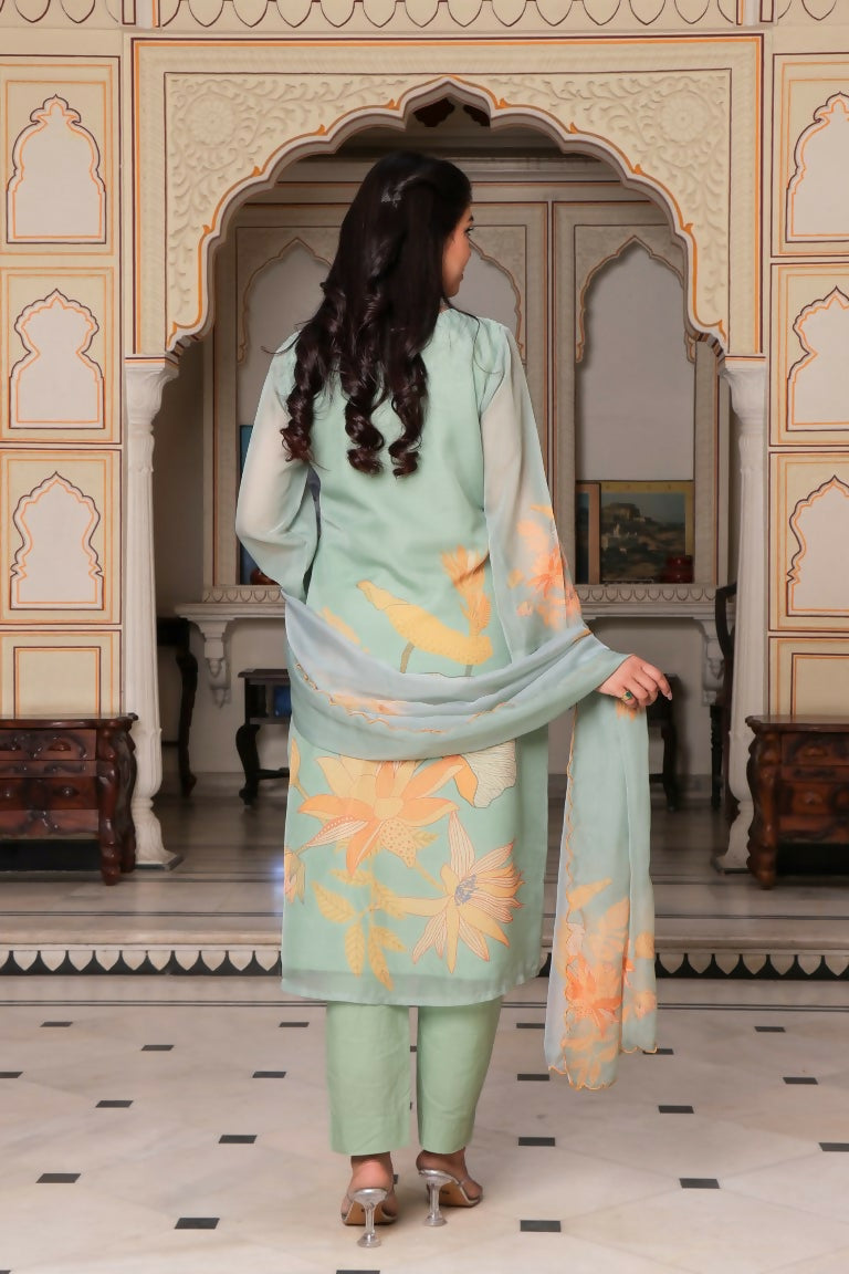 Vaasva Women Teal Green Tabby Slik Print & Embroidered Kurta, Pant & Dupatta set | Grocsy
