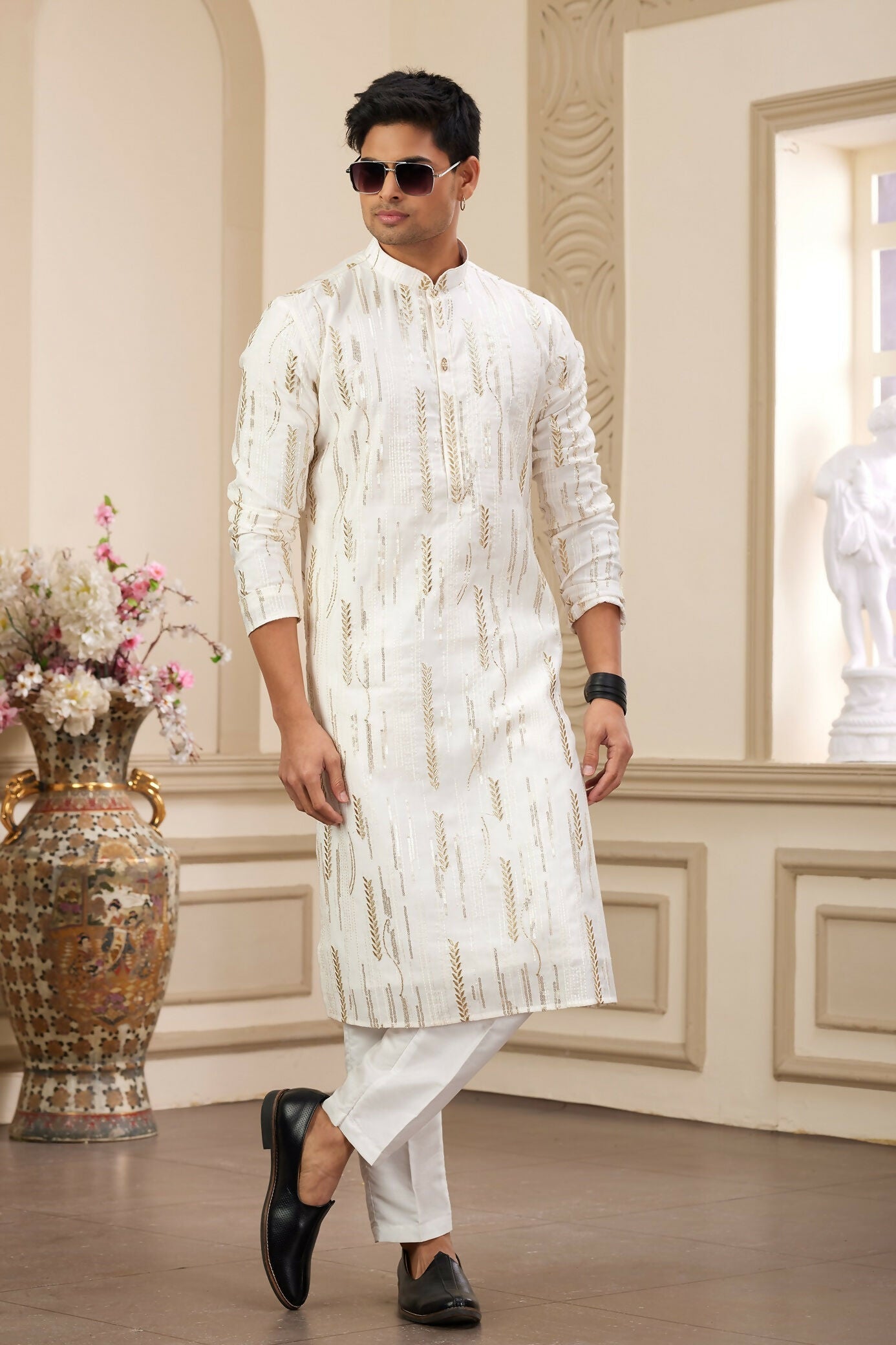 Raivat Ethnic Men's Art Silk Thread Work Kurta Pyjama In Cream Colour | Grocsy