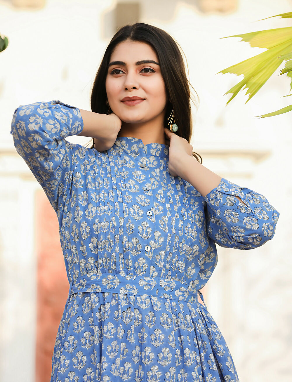Kaajh Women's Blue Floral Handblock Print Cotton Dress | Grocsy