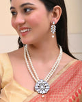VOJ Gold-Polished Kundan Studded Pearl Long Necklace And Earrings Set | Grocsy
