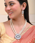 VOJ Gold-Polished Kundan Studded Pearl Long Necklace And Earrings Set | Grocsy