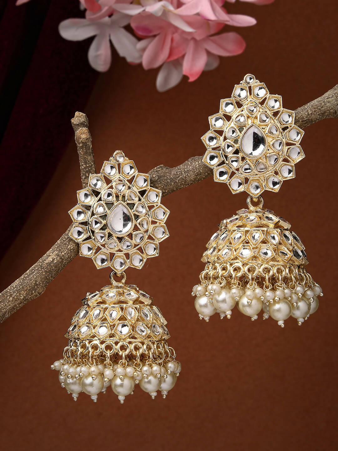 NVR Women Gold-Polished Handcrafted Kundan Jhumka Earrings | Grocsy