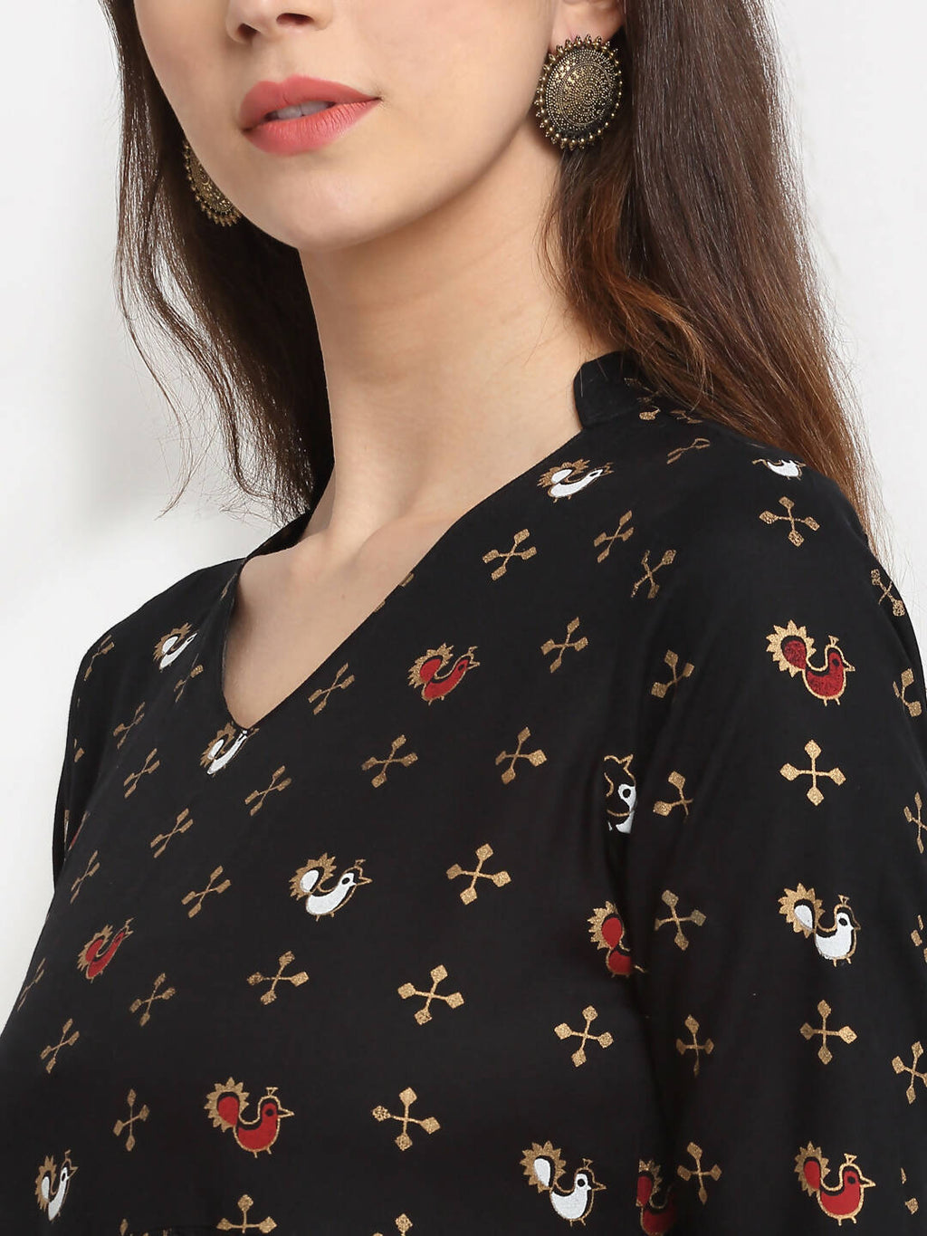 Rudra Bazaar Floral Printed A-Line Flared Black Kurti | Grocsy