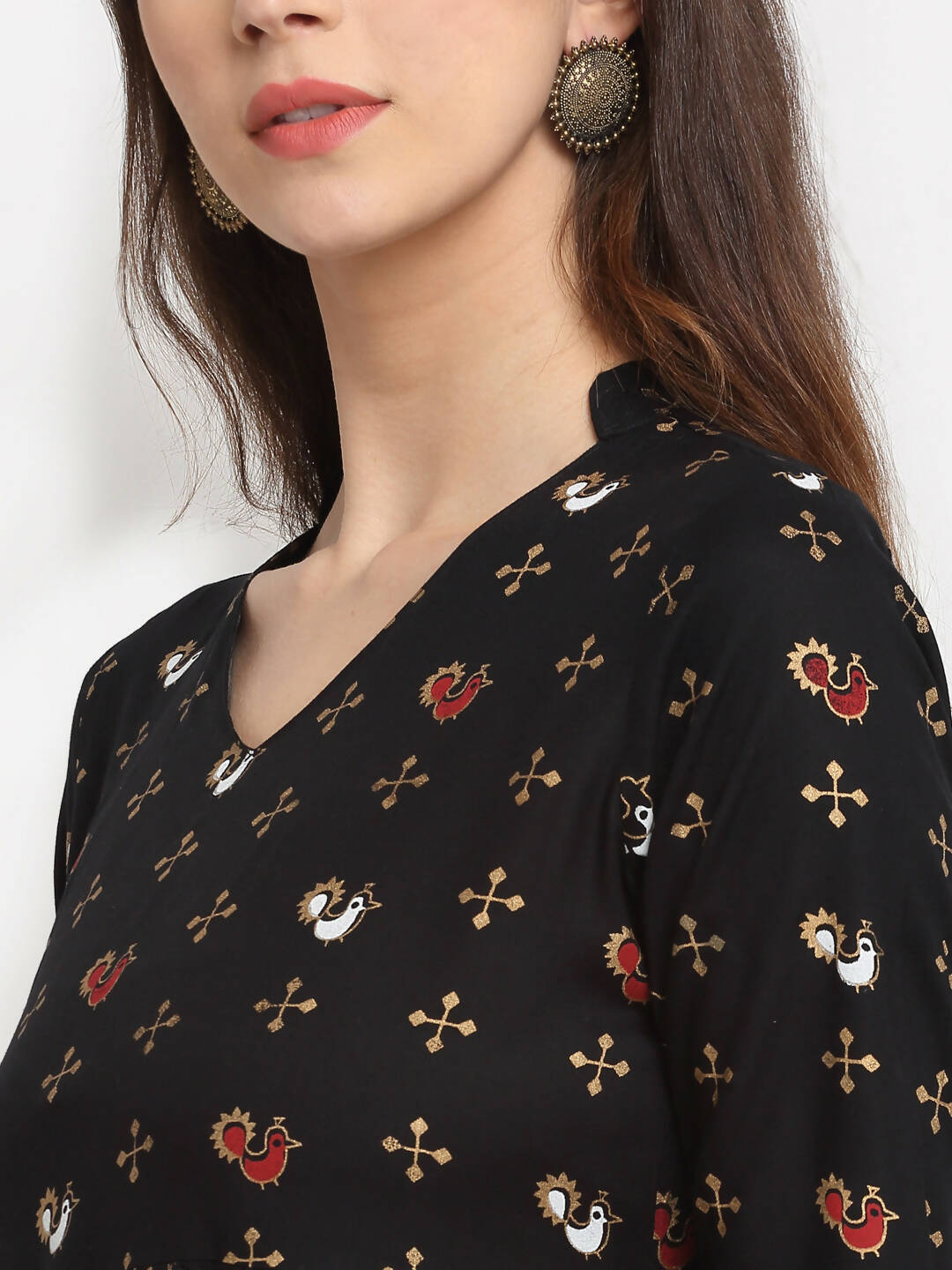 Rudra Bazaar Floral Printed A-Line Flared Black Kurti | Grocsy