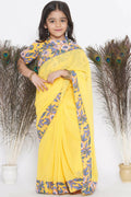 Little Bansi Floral Print Ready To Wear Saree And Floral Blouse - Yellow | Grocsy