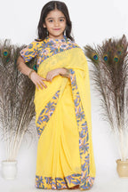 Little Bansi Floral Print Ready To Wear Saree And Floral Blouse - Yellow | Grocsy