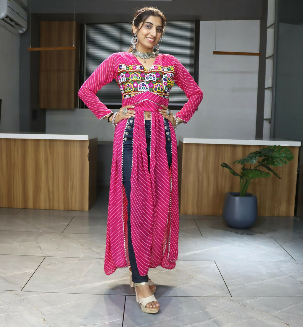Vastranavya Pink Navratri Special Kutchi Work with Gota Patti & Mirror Work Kurti | Grocsy