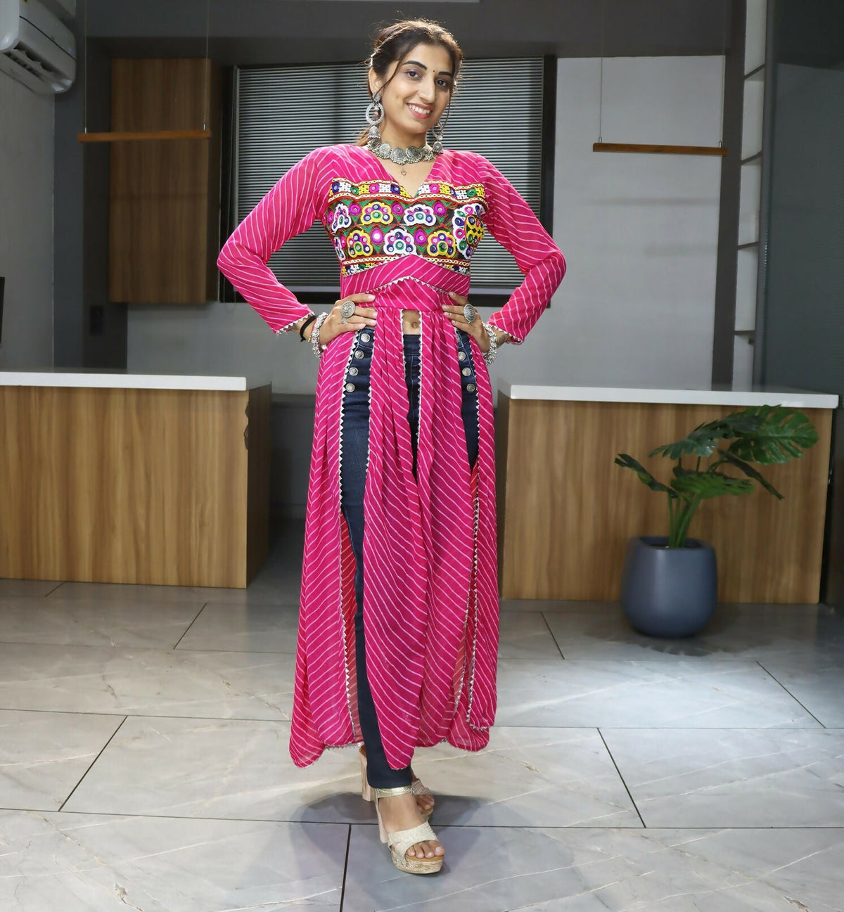 Vastranavya Pink Navratri Special Kutchi Work with Gota Patti & Mirror Work Kurti | Grocsy