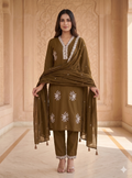 Teeya Creation Vibrant Gold Embroidered Kurti with Pant and Dupatta Set | Grocsy