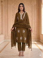 Teeya Creation Vibrant Gold Embroidered Kurti with Pant and Dupatta Set | Grocsy