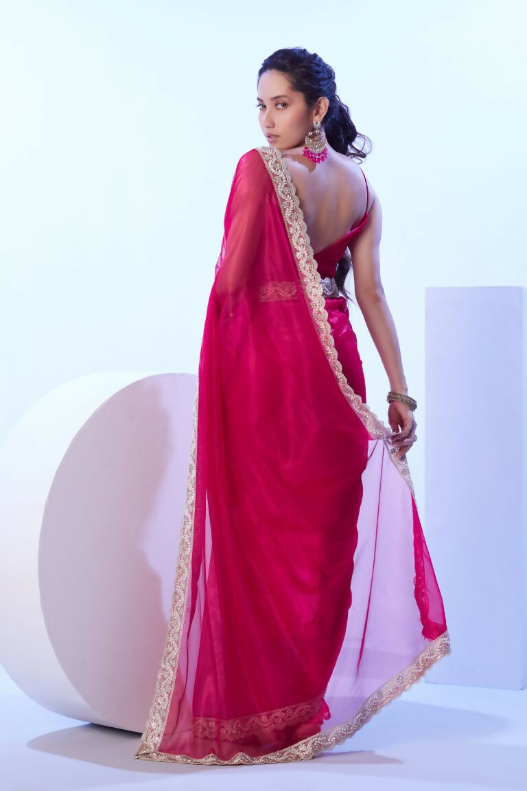 Pink C/H Net Solid Designer & Lace Work Saree - Samaa | Grocsy