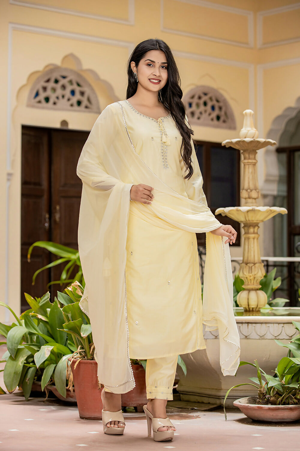 Kaajh Women's Light Yellow Modal Silk Kurta Pant Set With Dupatta | Grocsy
