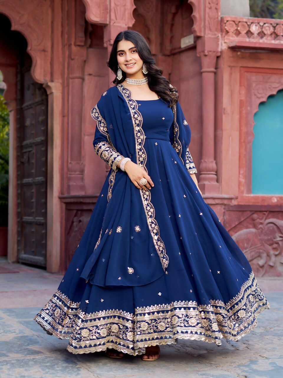 The52 Women's Beautiful Faux Georgette Fabric Embroidery Work Flared Anarkali Pant and Dupatta Set | Grocsy