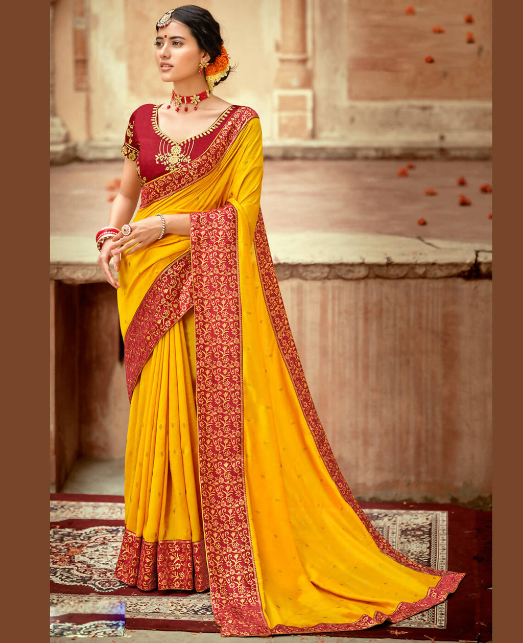 Mustard Vichitra Stone Work Saree With Unstitched Blouse Piece - Rosy | Grocsy