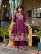 Juniper Women's Plum Floral Printed Liva Rayon Kurta Pant And Dupatta Set With Thread Work Gota Patti & Beads | Grocsy