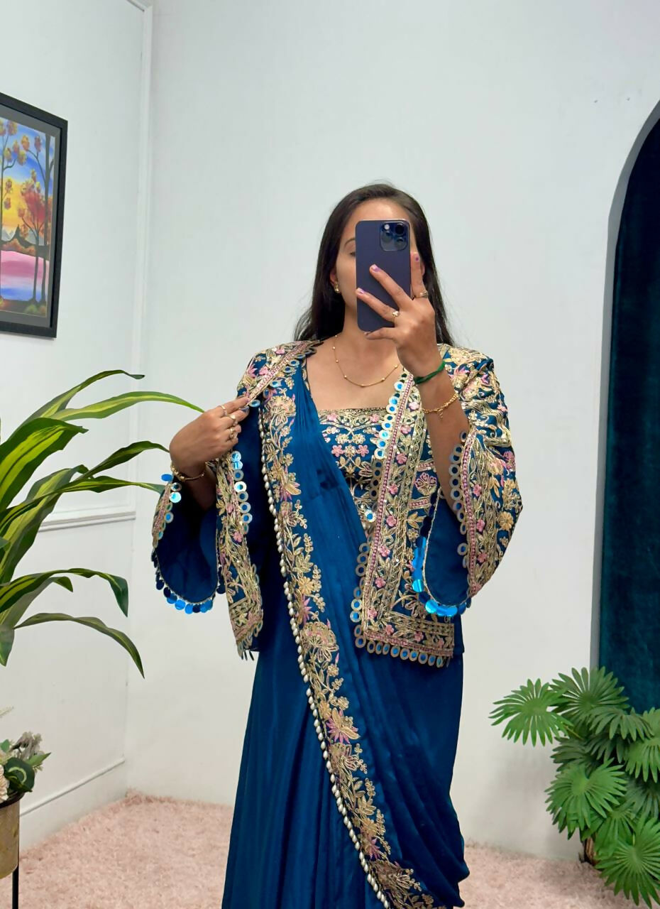 Teeya Creation Teal Color Chinon Silk Embroidery Work Ready To Wear Party Wear Saree With Koti | Grocsy