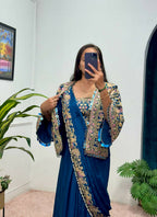 Teeya Creation Teal Color Chinon Silk Embroidery Work Ready To Wear Party Wear Saree With Koti | Grocsy