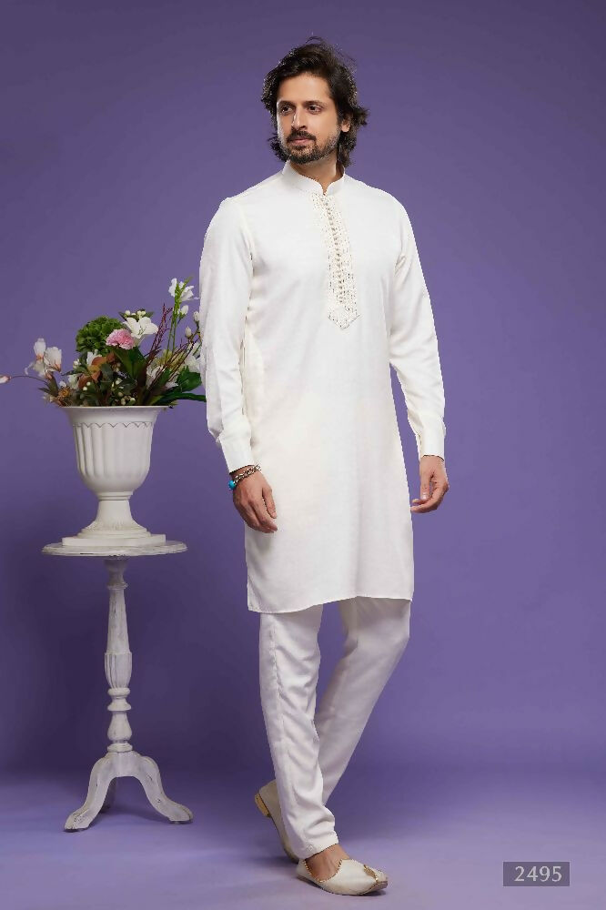 Raivat Ethnic Art Banarasi Silk Thread Work Kurta Pajama In Cream Colour | Grocsy