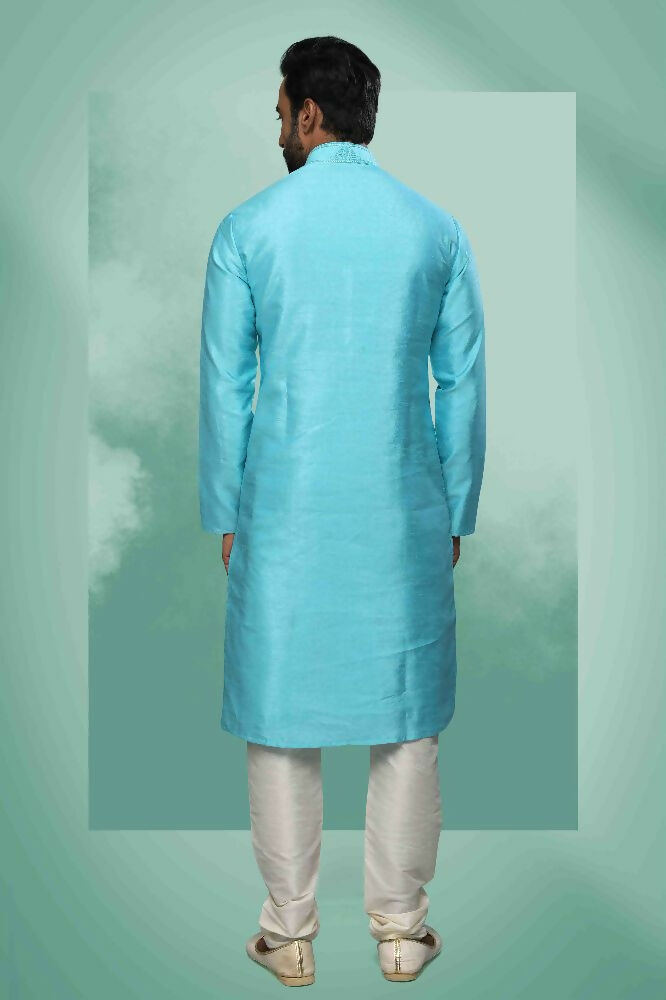Raivat Ethnic Art Silk Mirror Embroidery Work Kurta Pajama In Sky Blue Colour | Grocsy