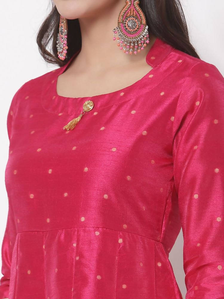 Myshka Women's Pink Silk Solid 3/4 Sleeve Round Neck Casual Anarkali Gown | Grocsy