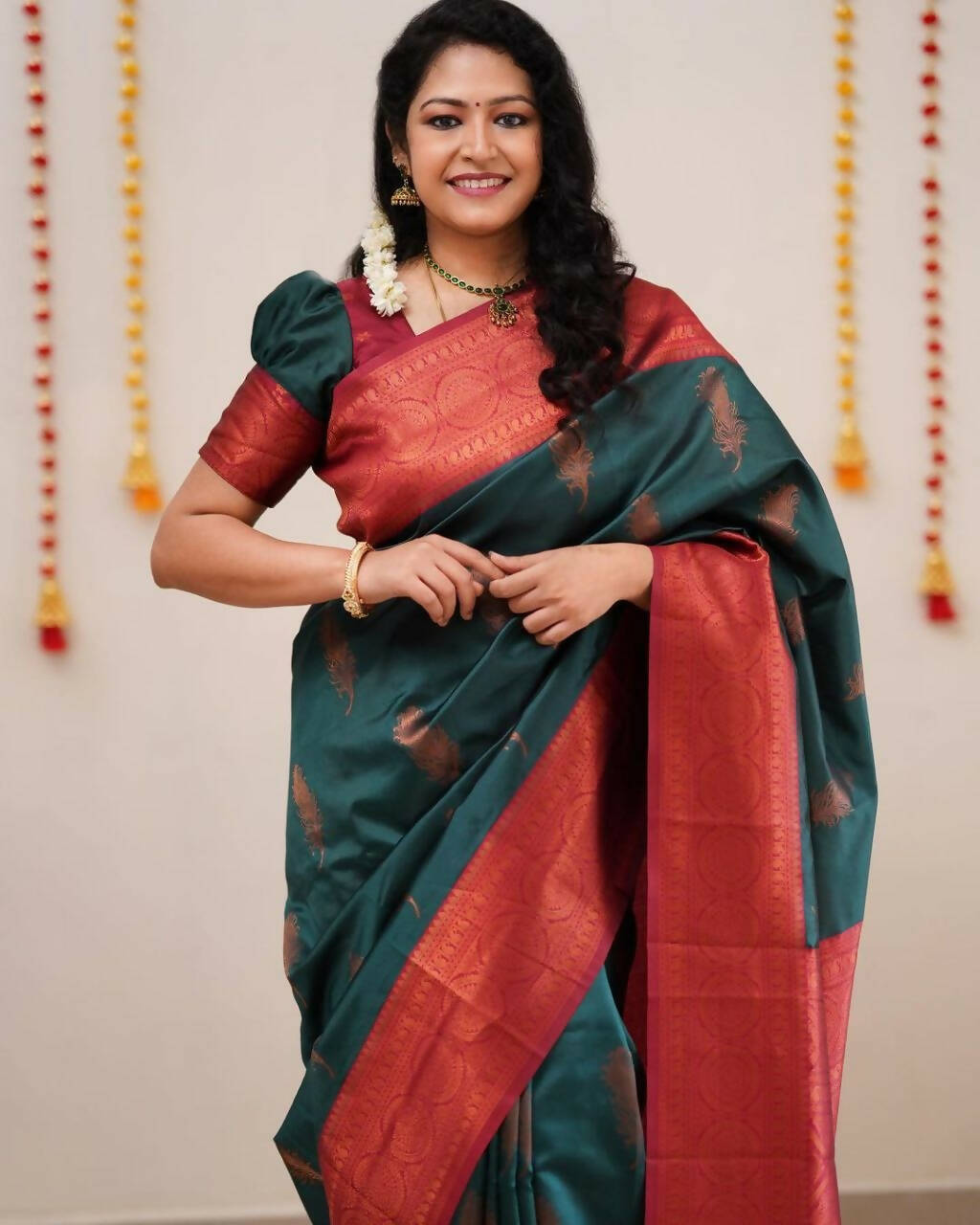 DEIANA'S Beautiful Designer Golden zari Soft Lichi Silk Saree - Teal | Grocsy