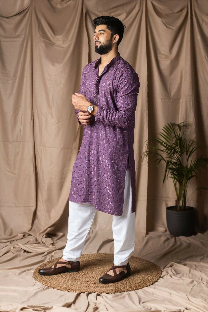 Purple Rayon Thread Embroidery Work Kurta Set - Mahotsav | Grocsy