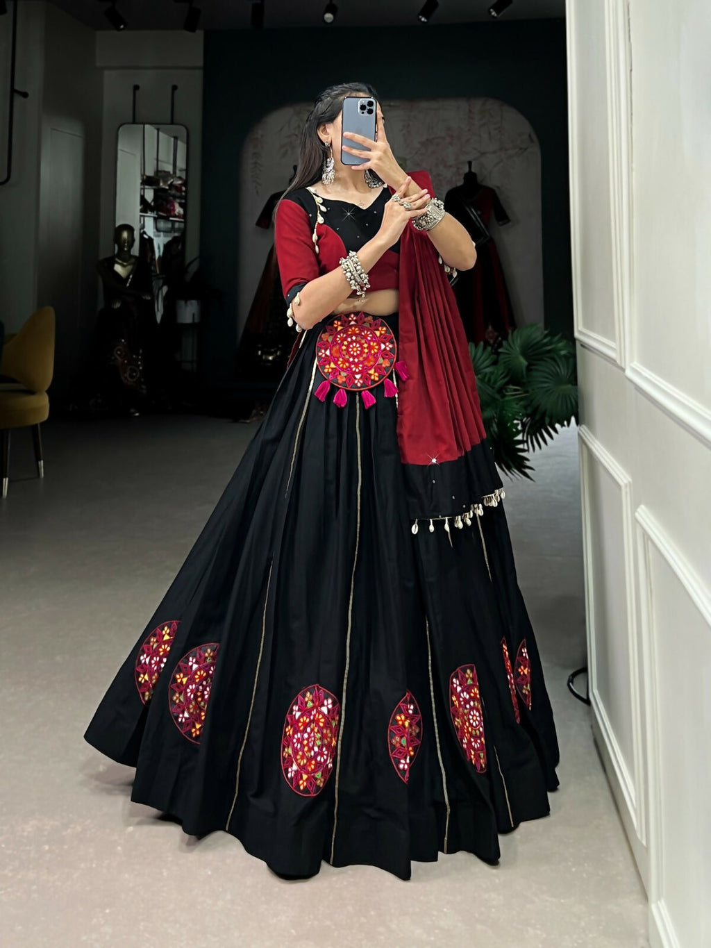 Vastranavya Navaratri Special Pure Cotton Gamthi Patch Work With Gota Patti Touch Up Lehenga Stitched Choli - Black | Grocsy