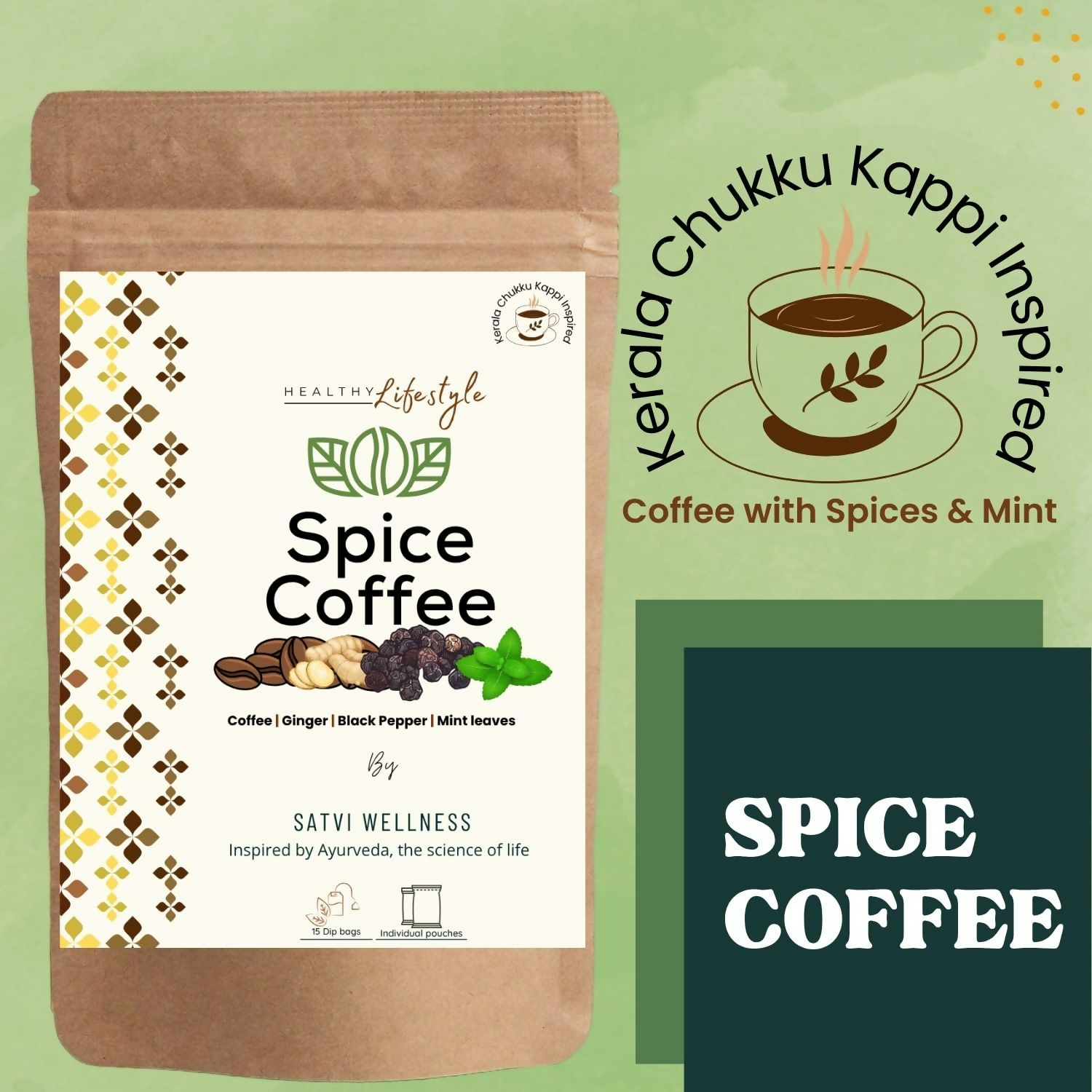 Satvi Wellness Chukkukappi With Mint Spice Coffee With Ginger, Black Pepper In Biodegradable Tea Bags | Spice and Mint Coffee | Herbal Infusions | Grocsy
