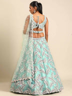 House of Panchhi Turquoise Blue Organza Sequins & Zarkan embroidery Lehenga choli & Dupatta | Grocsy
