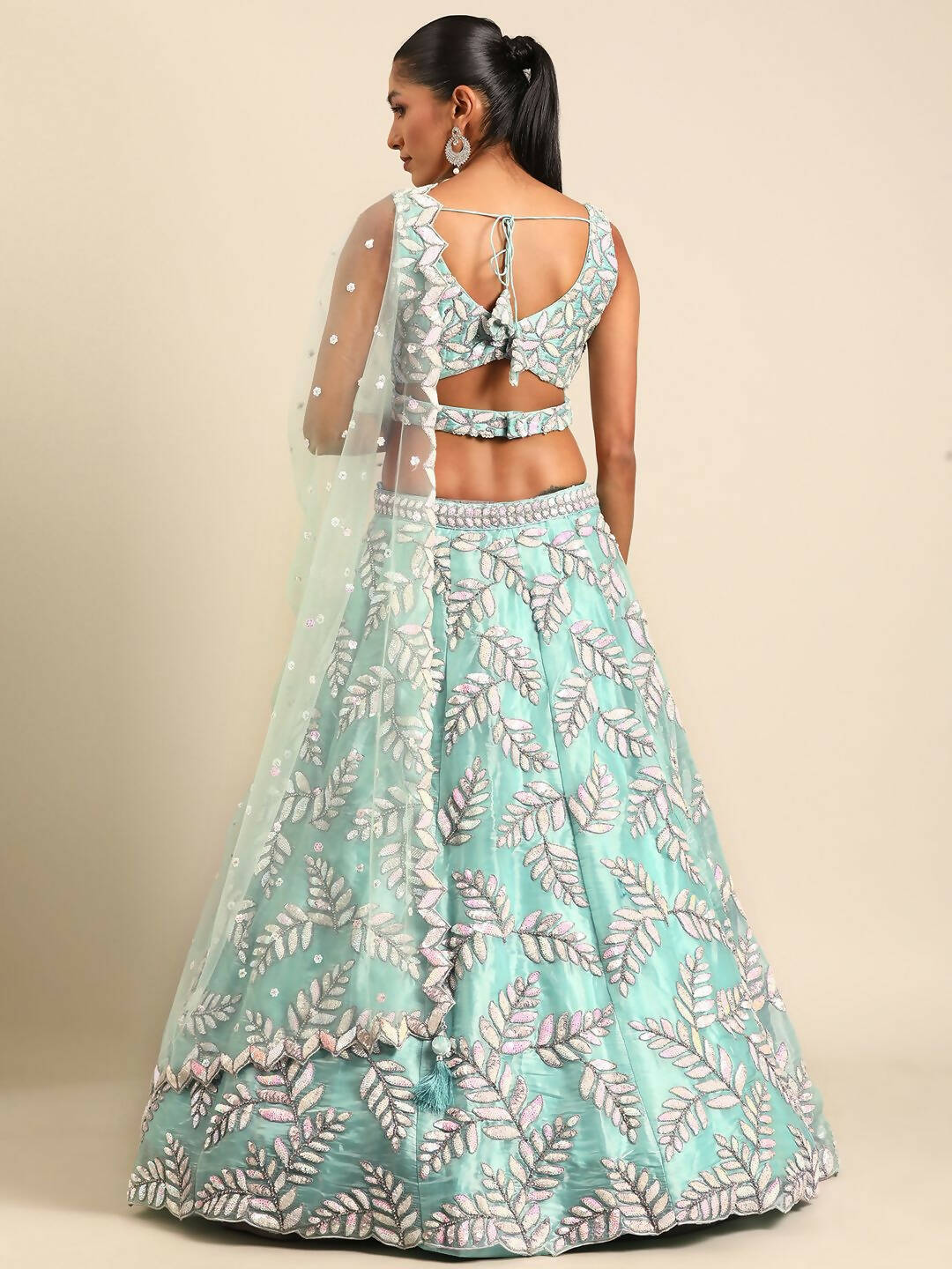 House of Panchhi Turquoise Blue Organza Sequins & Zarkan embroidery Lehenga choli & Dupatta | Grocsy