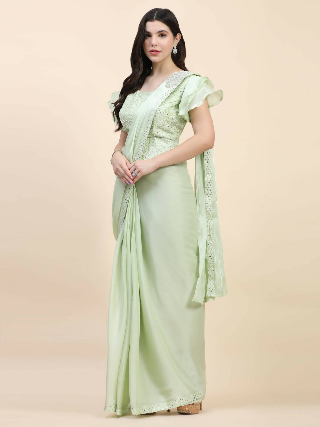 Light Green Silk Satin Sequence Work Ready to Wear Saree with stitched Blouse - Nirvana | Grocsy