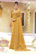 Beige Chiffon Printed Ivory Print and Zari work Saree with Unstitched Blouse Piece - Shanaya | Grocsy