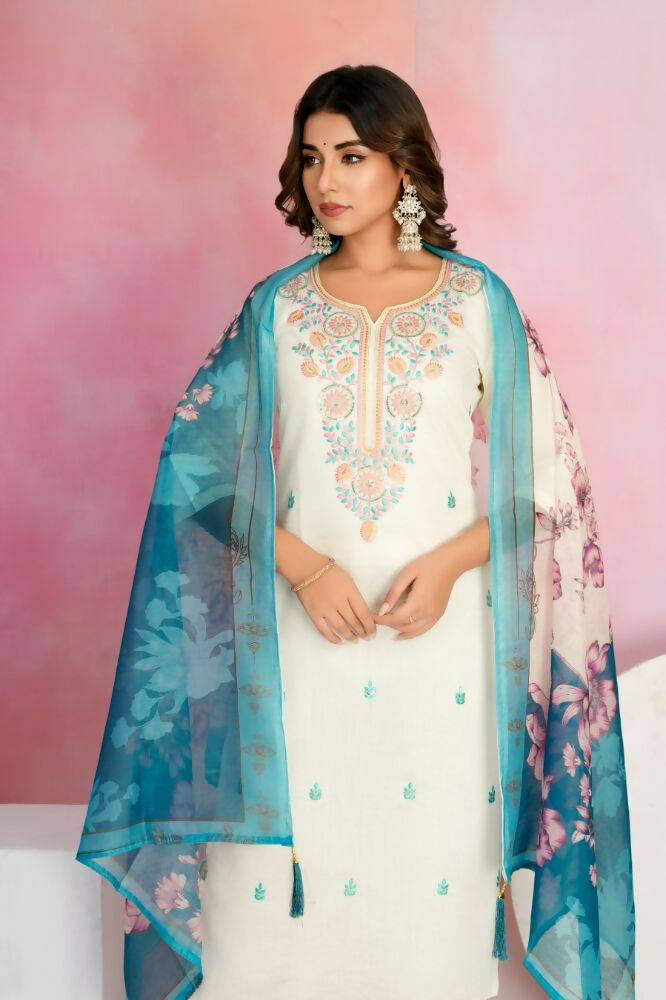 Ethnic Festive Wear Viscose Chanderi Off White Stitched Suit With Dupatta - Tanisha | Grocsy