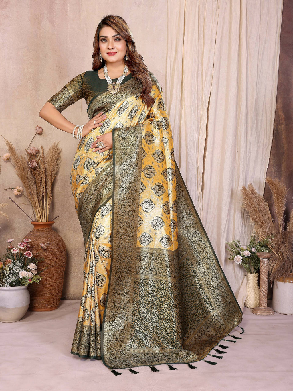 Aastha Fashion Mustard Banarasi Tissue Silk Weaving Saree | Grocsy