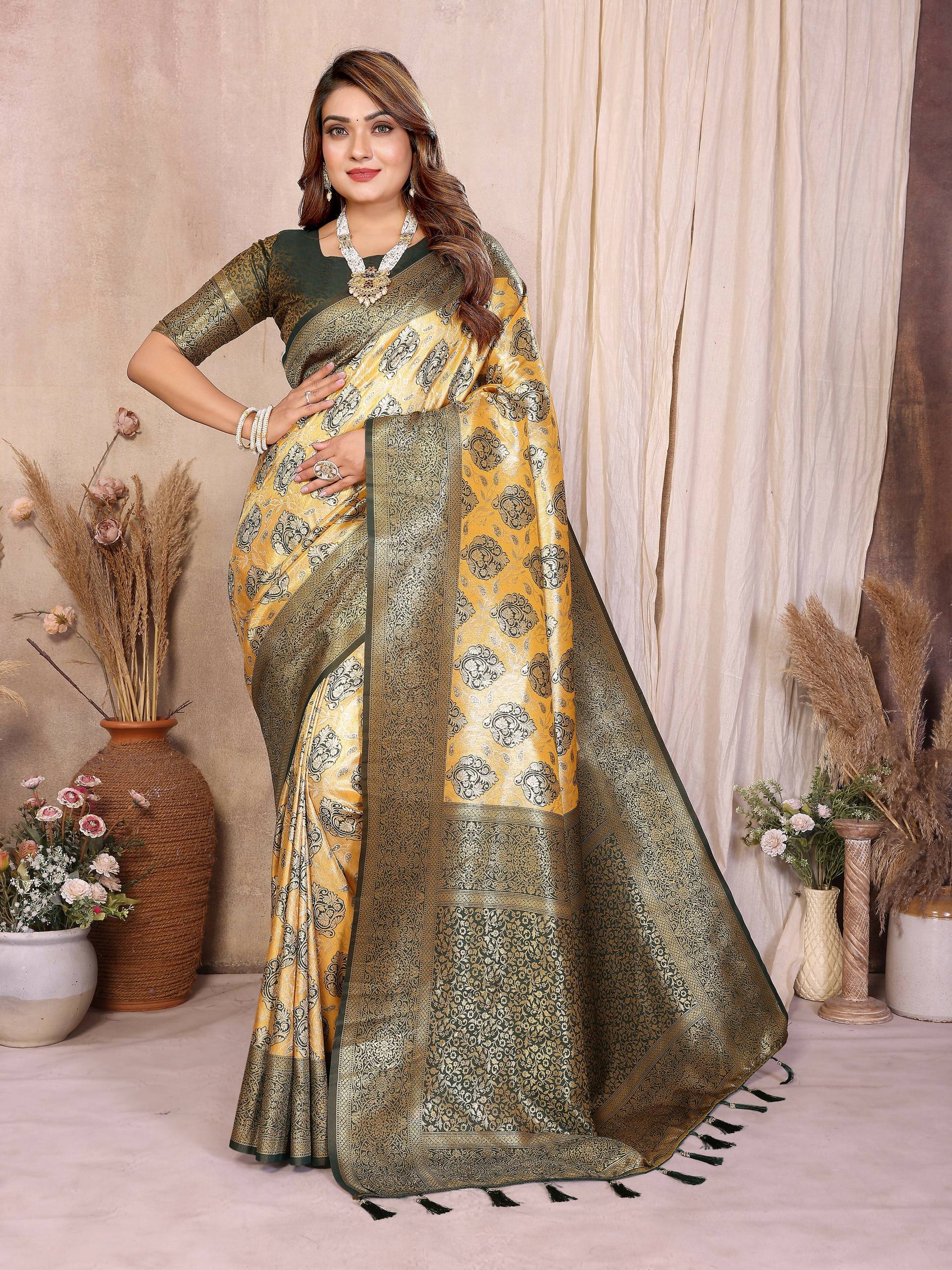 Aastha Fashion Mustard Banarasi Tissue Silk Weaving Saree | Grocsy