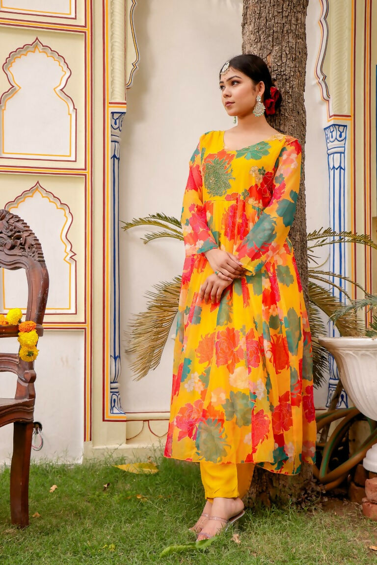 Vaasva Women Mustard Organza Multi Floral Print & Embroidered Anarkali Kurta, Pant & Dupatta set | Grocsy