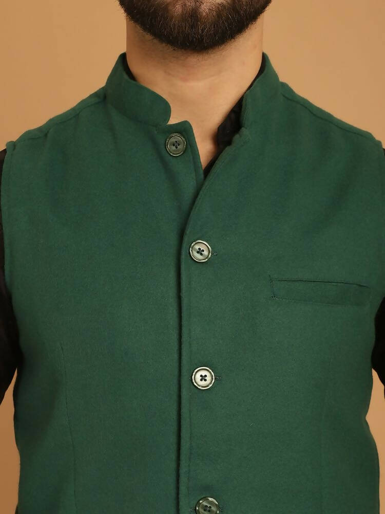 Even Apparels Pure Wool Nehru Jacket - Green | Grocsy