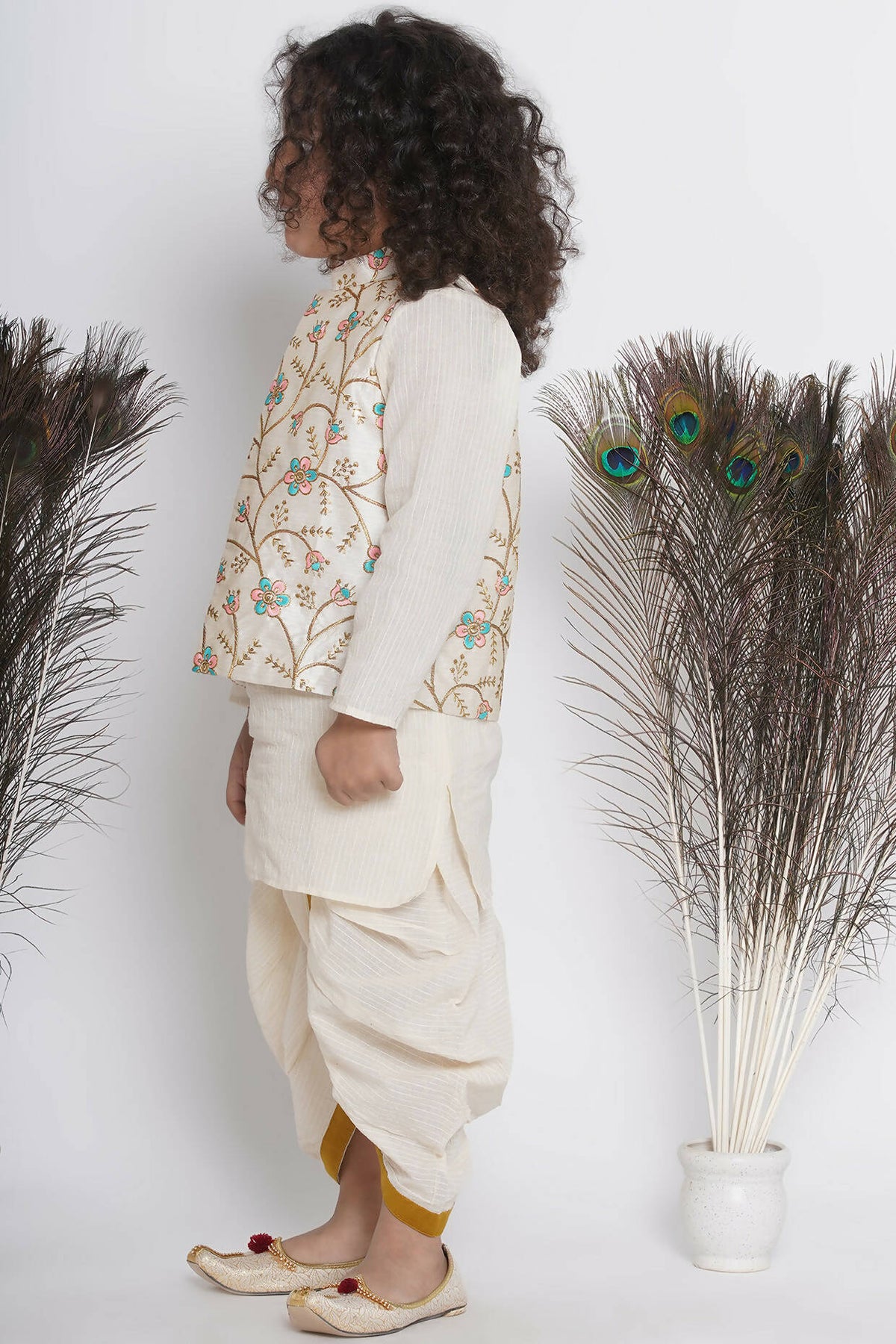 Little Bansi Banarsi Silk Pink Blue Floral Embroidery Jacket With Cotton Kantha kurta And Kantha Dhoti - Cream | Grocsy