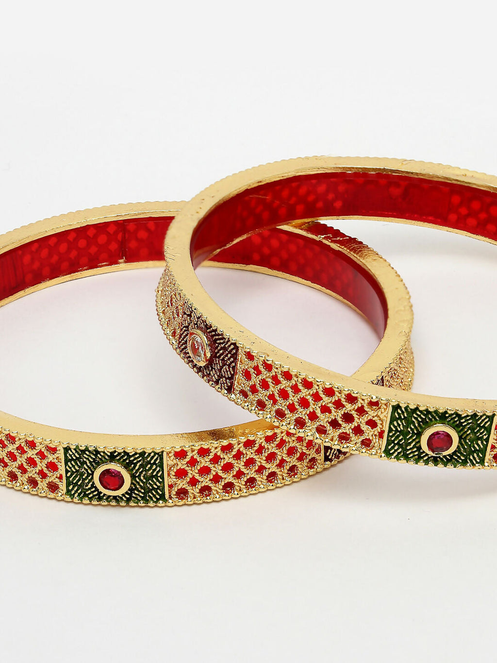 NVR Women's Set Of 2 Gold-Polished Red Kundan Traditional Bangles | Grocsy
