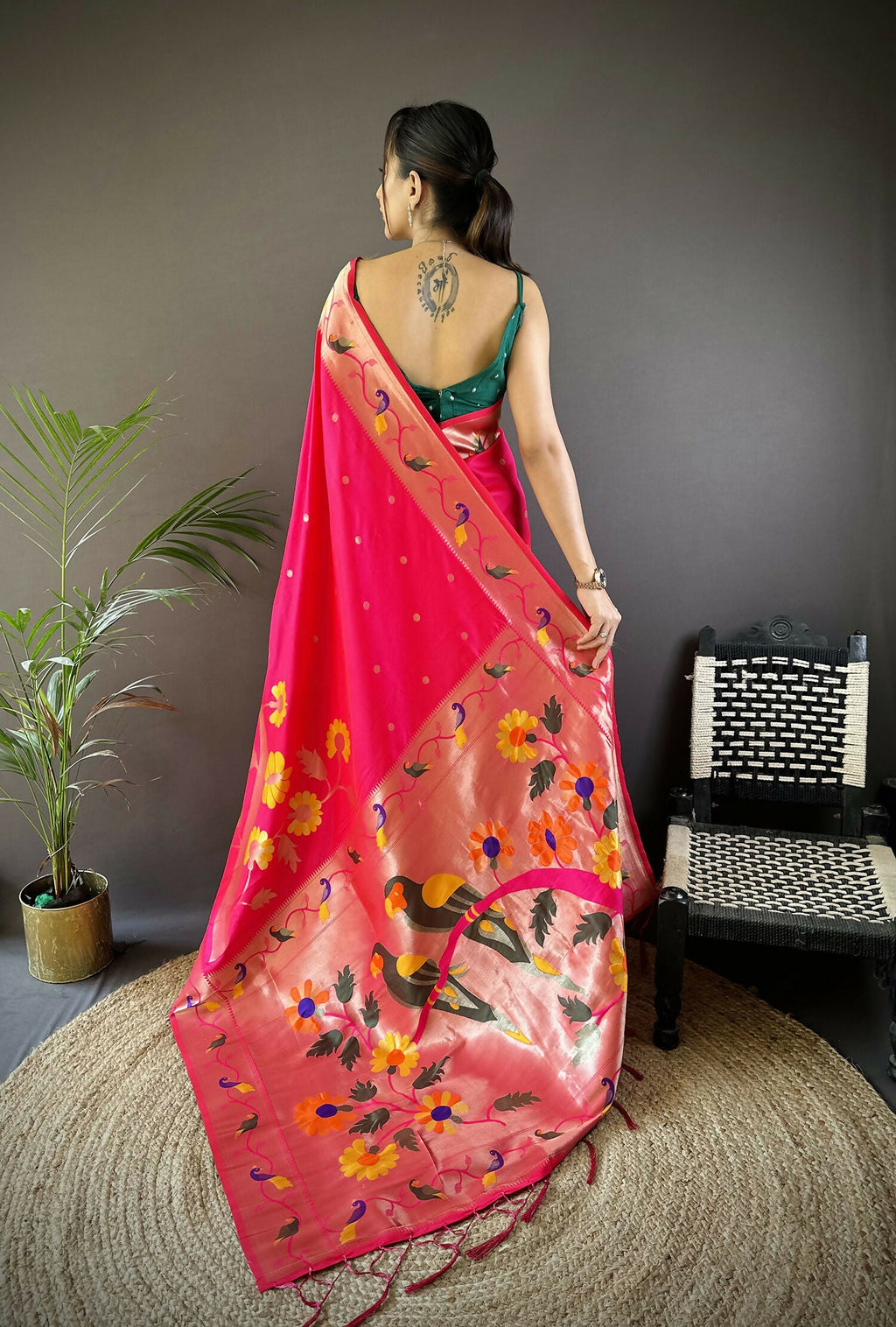 Joban Fashion Rani Pink Zari Woven Floral Motifs Soft Silk Paithani Silk Saree | Grocsy