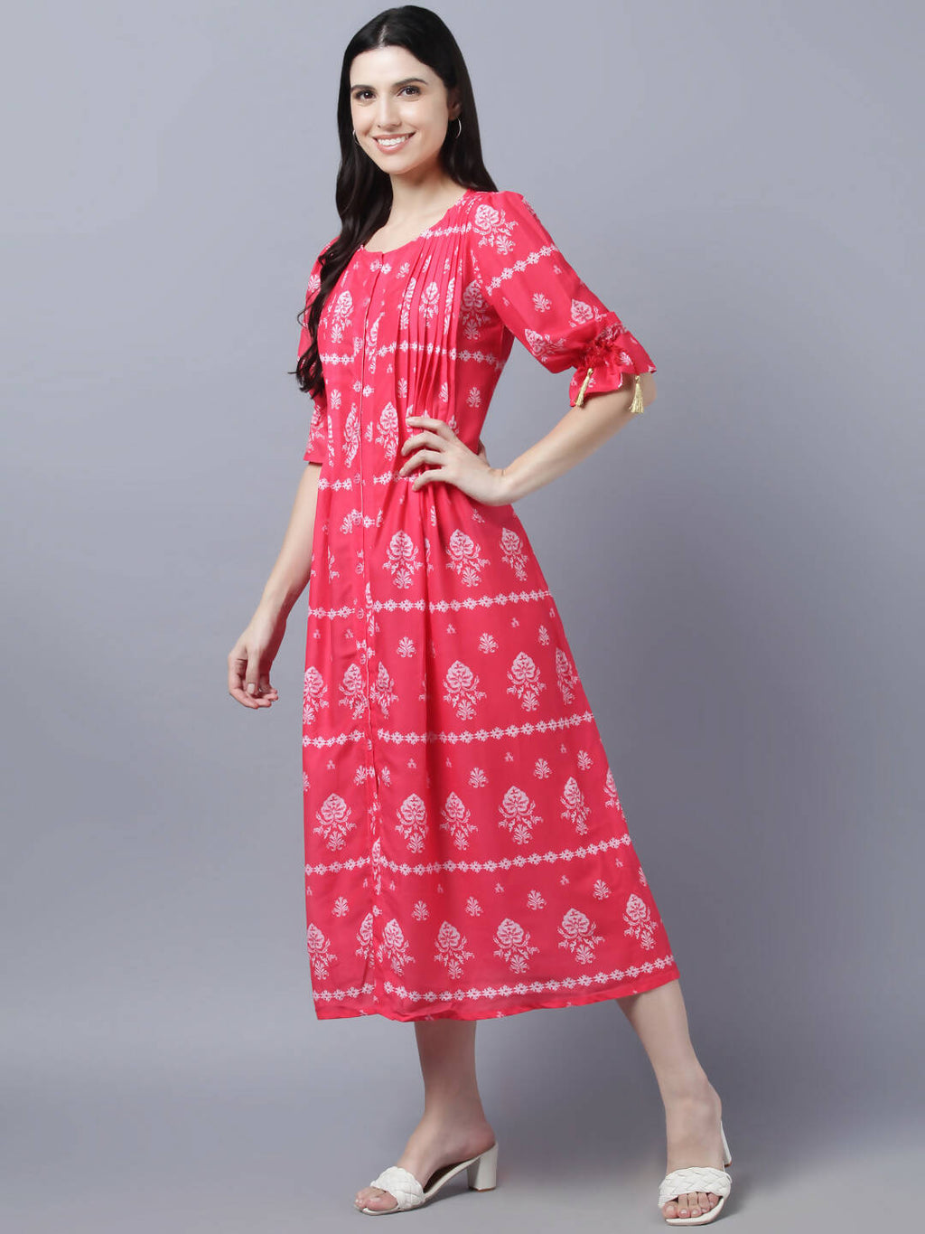 Myshka Women's Pink White Ethnic Motifs Printed Maxi Dress | Grocsy