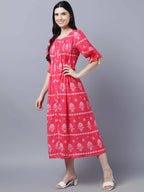 Myshka Women's Pink White Ethnic Motifs Printed Maxi Dress | Grocsy