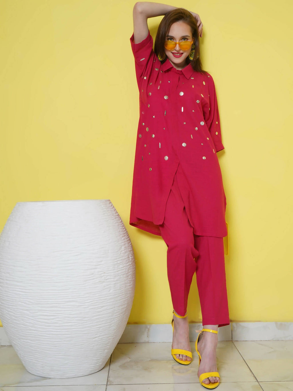 Women Republic Pink Cotton Embellished Kurta Set | Grocsy