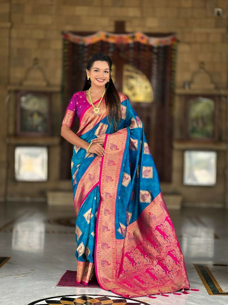 PR Fashion Firozi Soft Banarasi Silk With Zari Weaving Meenakari Design Saree | Grocsy