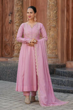The52 Pink Women's Gorgeous Vichitra Silk Fabric Embroidered Work Flared Anarkali Pant and Dupatta Set | Grocsy