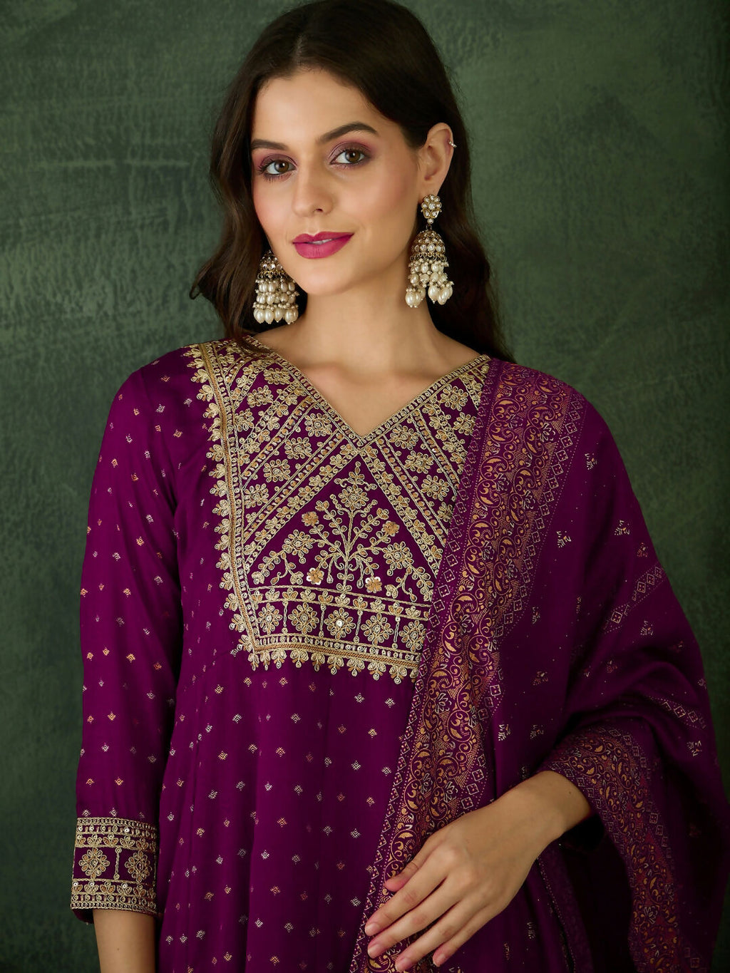The52 Wine Women's Gorgeous Embroidered Work Vichitra Silk Fabric Flared Kurta Pant and Dupatta Set | Grocsy