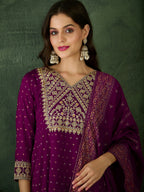 The52 Wine Women's Gorgeous Embroidered Work Vichitra Silk Fabric Flared Kurta Pant and Dupatta Set | Grocsy
